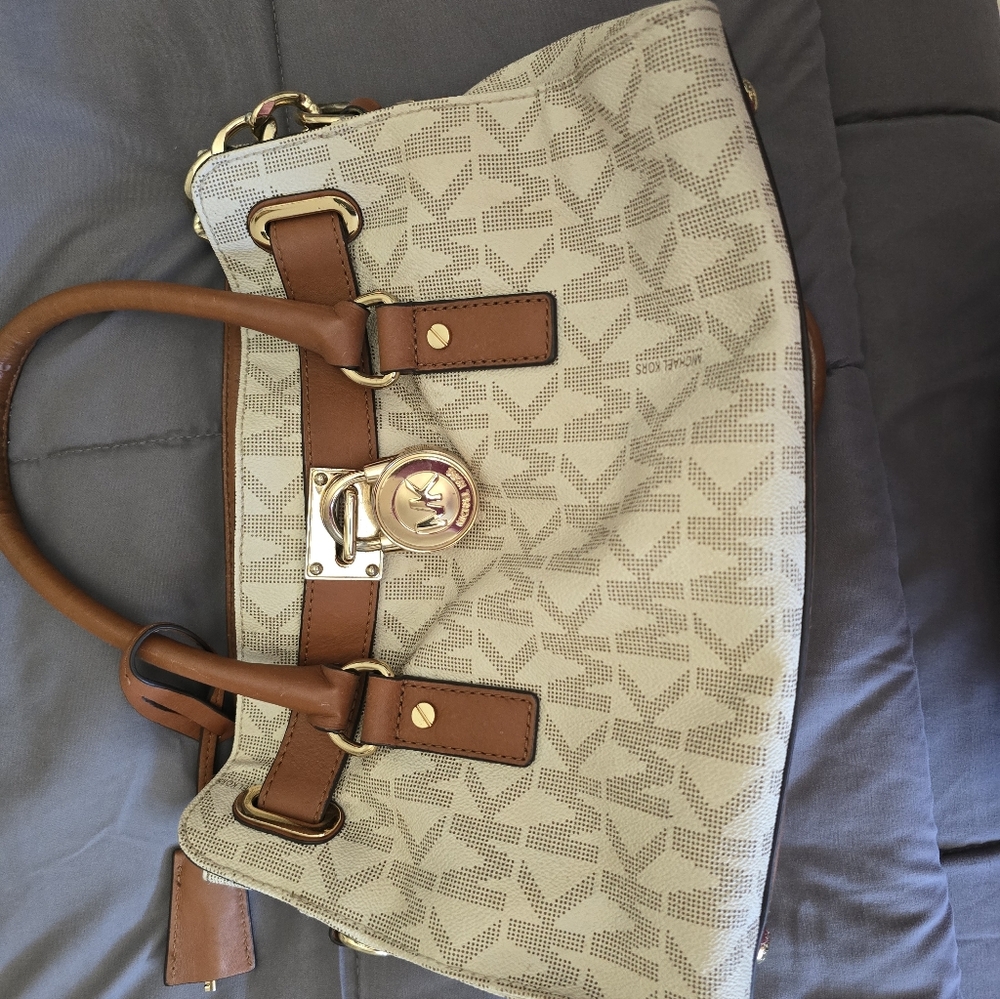 Michael Kors Monogram Lock Satchel Cream/Brown with Gold Hardware